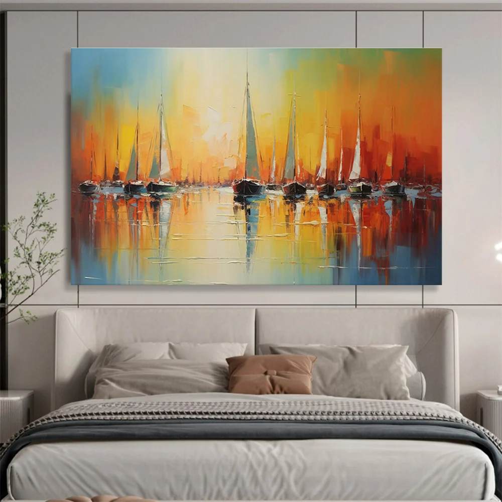 Harbor Hand-Painted Coastal - large textured art for fireplace